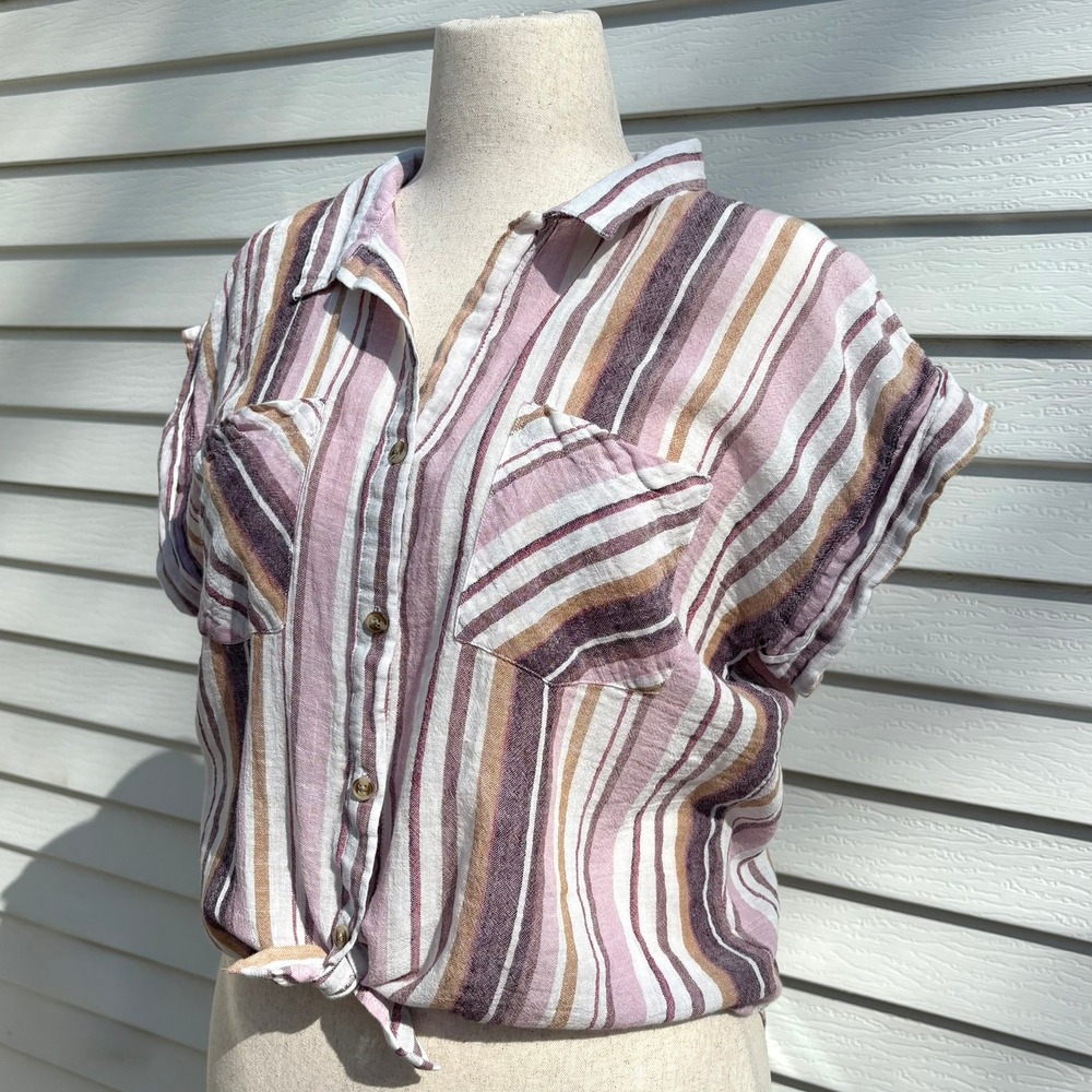 Thread & Supply Linen Blend Purple Stripe Button Down Top Relaxed Beachy‎ Casual